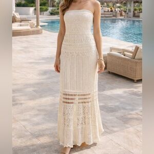 Chouyatou Strapless Crochet Knit Maxi Dress‎ Ivory | Size S